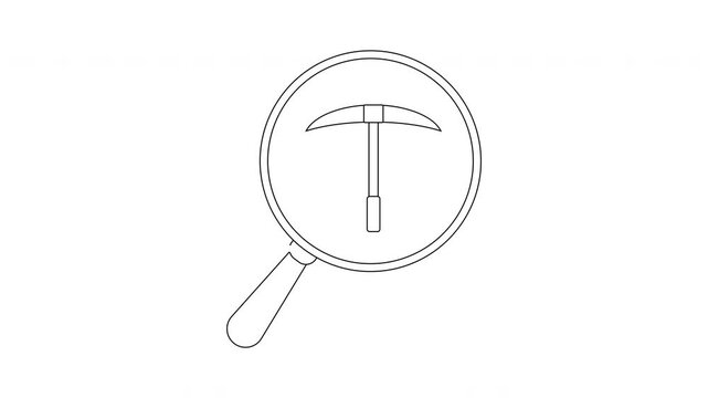 Simple Line Art Icon of a Magnifying Glass Over a Pickaxe.