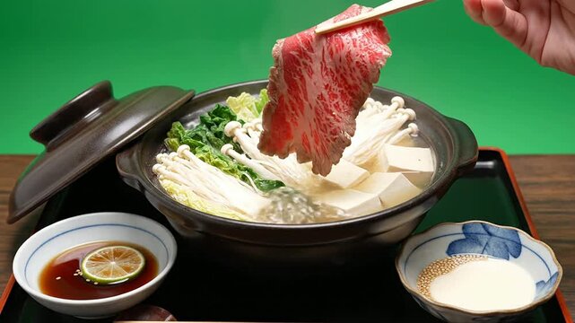 Close-Up View Of Delicious Hot Pot Cooking With Fresh Vegetables And Sliced Beef Using Chopsticks On Vibrant Green Background