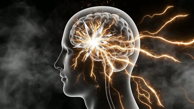 Conceptual Silhouette of Human Head with Brain Emitting Sparks Against Smoky Black Background Representing Creativity and Inspiration