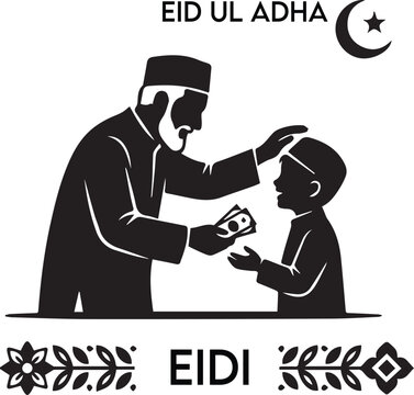 Elder Man Giving Eidi Money to Child Silhouette Islamic Tradition Eid al-Fitr Vector Illustration