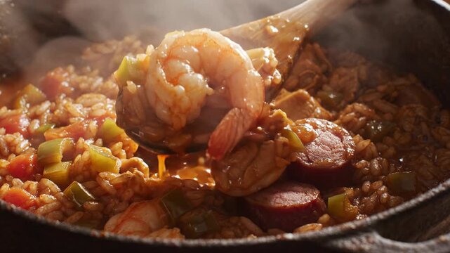 Steaming, flavorful jambalaya, hot and spicy Cajun Creole meal, cooks with succulent shrimp, savory sausage, and fluffy rice. delicious, hearty, and appetizing culinary experience