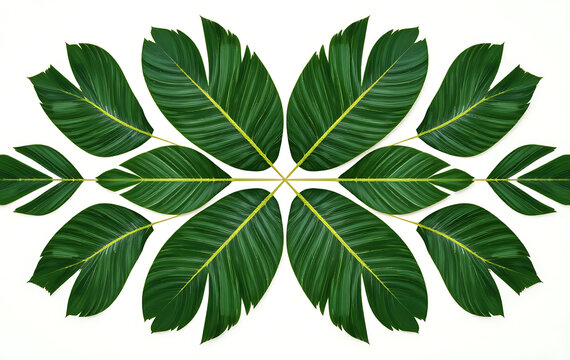 Symmetrical arrangement of green leaves on white background, tropical leaves
