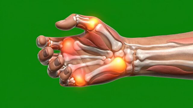 Detailed Anatomical 3D Model of Human Hand Showing Bone Structure and Muscle Action Highlighted Against Green Screen Background