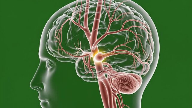 Detailed Illustration Of Human Brain Anatomy With Vascular System Against Green Background For Medical And Health Education