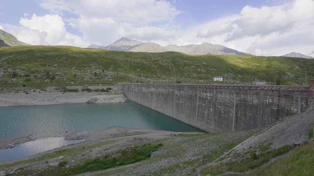 Montespluga Dam and the surrounding Lago di Montespluga reservoir in the Lombardy region of Italy