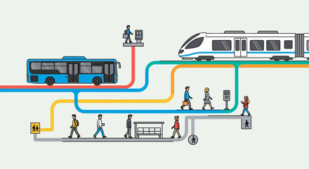 Public transportation network: bus and train routes with people commuting © Rikca