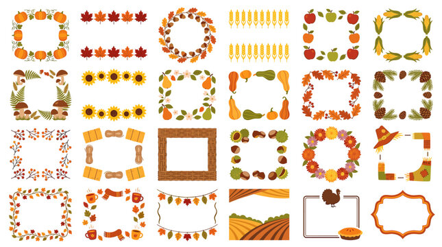Autumn floral frame collection with fall leaves, berries, pumpkins, wheat, ribbons and rustic wreath borders for seasonal invitations, labels and cards.