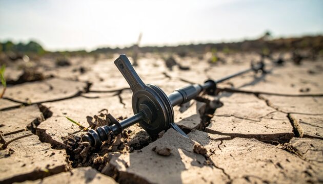 Unexploded Landmine Half Buried in Cracked Earth