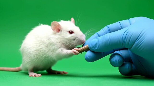 Feeding A White Laboratory Rat By A Gloved Hand Against A Green Background For Animal Research And Care Concepts