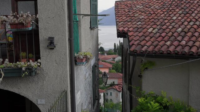 Lake Como view from elevated point of view POV Menaggio, Italy medieval town