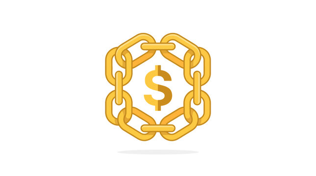 Flat vector icon of golden blockchain chain links forming a block with dollar symbol