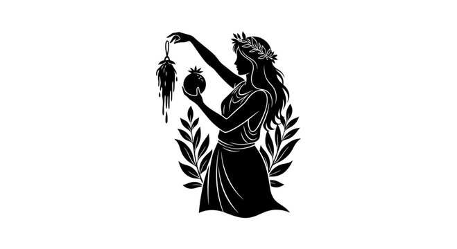 Goddess silhouette holding pomegranate and harvest grain bundle