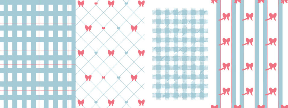 Wrapping, paper seamless pattern set with coquette holiday print, Xmas plaid texture, red bows and ribbons, cute blue checkered vector illustration.