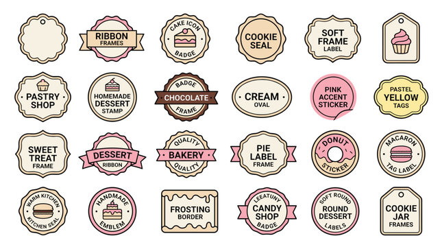 Vintage bakery badge set with sweet treat labels, cookie, cream, pastry, dessert and cafe logo elements for packaging, stickers and food branding.