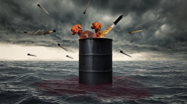 "Oil barrel in stormy war-torn ocean with missiles and fiery explosions"