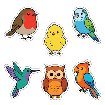 Colorful cartoon birds on white background.