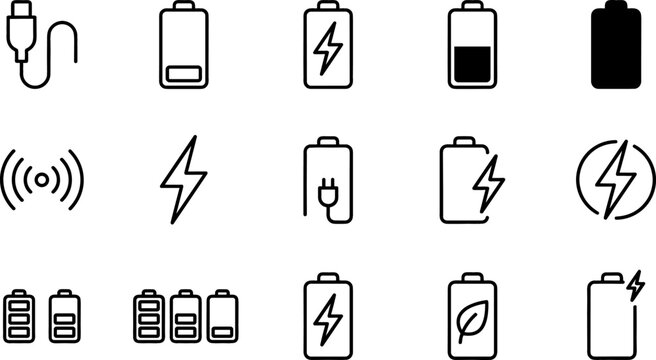 Set of battery charging vector icons featuring power energy electricity and wireless charging symbols in minimalist outline design style.