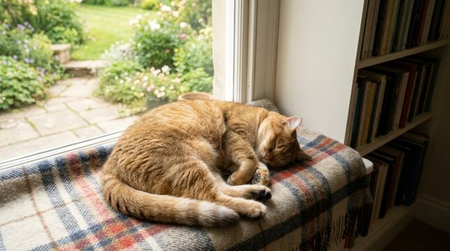 Orange cat sleeping on a blanket by the window