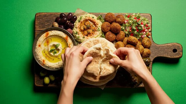Overhead View of an Inviting Middle Eastern Mezze Platter with Hummus, Falafel, and Fresh Ingredients on a Green Background