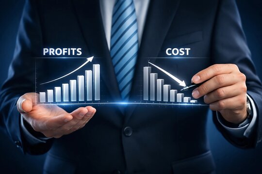 Businessman analyzing corporate profits growth and cost reduction data