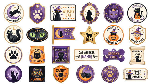 Cute Halloween cat sticker and label collection with black cats pumpkins moons paws potions stars badges and spooky kawaii party elements