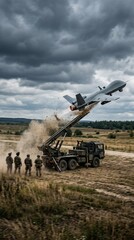 Fototapeta premium Military personnel launching drone from vehicle in rugged terrain 