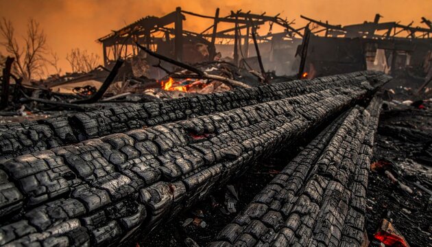 Charred Wooden Planks Amidst Fire and Ruins