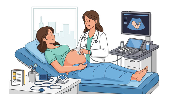 Pregnant Woman Undergoing Ultrasound Scan by Doctor in Medical Clinic