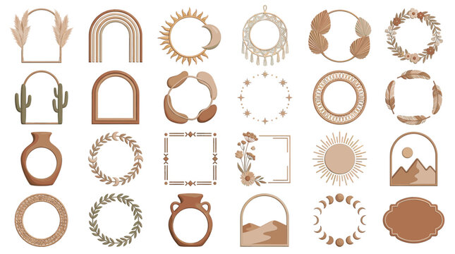 Boho neutral frame and border collection with arches suns moons botanical wreaths abstract shapes and earthy decorative design elements