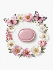 Watercolor Floral Wreath with Pink Butterflies and Central Oval Label on White Background