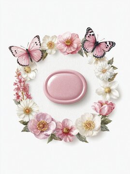 Watercolor Floral Wreath with Pink Butterflies and Central Oval Label on White Background