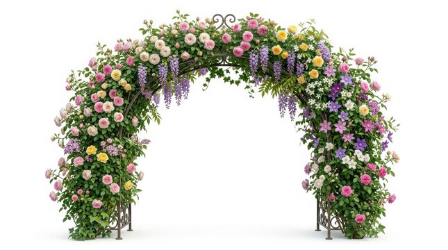 Romantic floral wedding arch with pink roses and purple wisteria, elegant garden flower arbor on white background, decorative botanical entrance