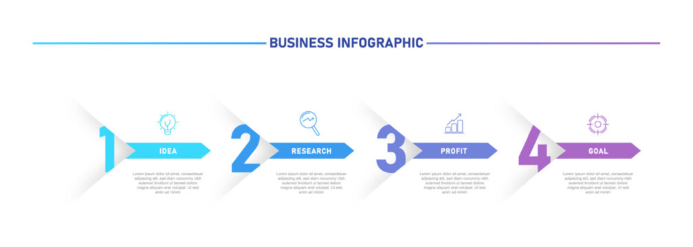 Modern business infographic template featuring four numbered workflow steps with gradient colors and clean layout.