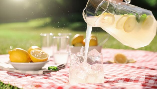 Refreshing cold lemonade pouring from a glass pitcher into a glass with ice cubes on a red checkered picnic blanket outdoors in a sunny green park with fresh lemons and mint leaves.