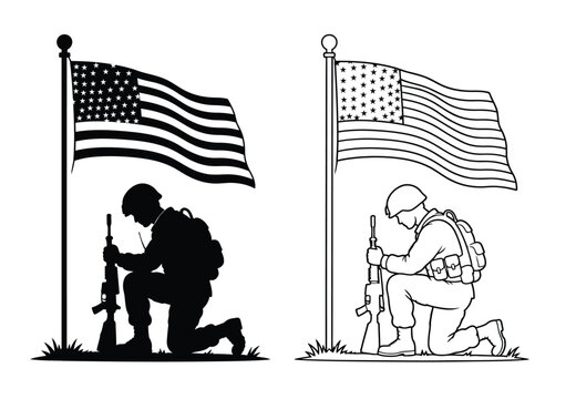 American Soldier Kneeling with USA Flag Patriotic Vector Illustration