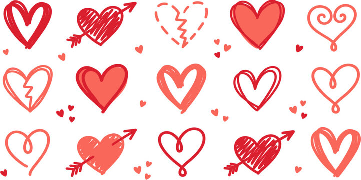 Hand Drawn Valentine Heart Collection Featuring Romantic Love Symbols Arrows Broken Hearts and Sketchy Doodle Elements for Vector Design Projects