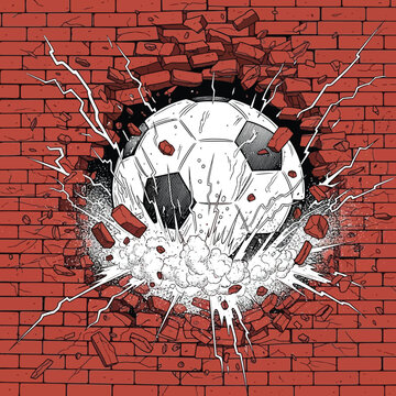 Soccer ball crashing through red brick wall with explosive effect