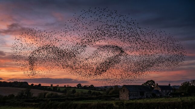 Starling murmuration at sunset, massive flock of birds flying in formation over rural landscape, dramatic purple and orange twilight sky