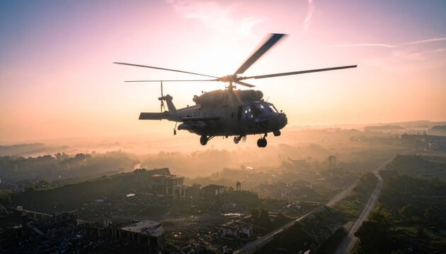 Military helicopter in dawn sky, symbol of ongoing operation