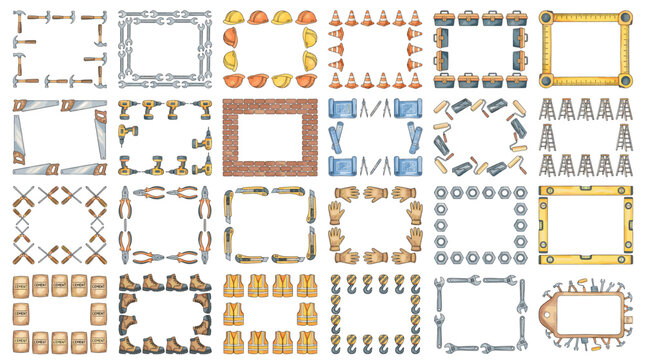 Construction border and frame collection with tools cones bricks ladders tapes caution signs chains and industrial decorative label elements