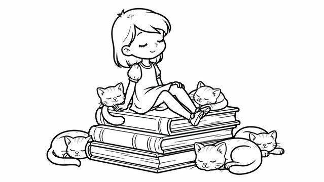 Girl sitting on stack of books with cats.