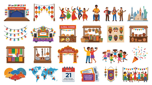 Colorful cultural festival illustration set with stage dancers food booths flags masks calendar globe map families and community celebration elements