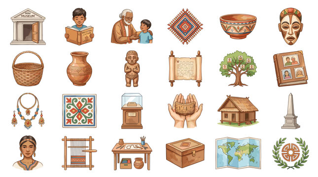 Cultural heritage illustration set with traditional masks pottery baskets jewelry temple statue tools textiles houses and folk art objects