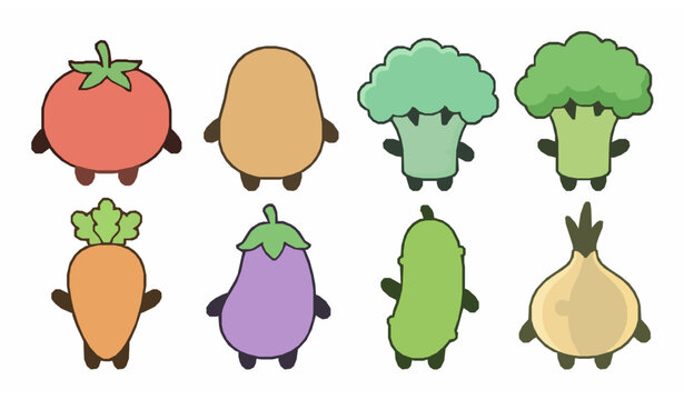 Kawaii vegetable characters vector set cute smiling food illustration