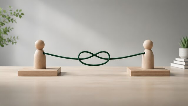 Strategic corporate partnership and team building concept featuring wooden figures connected by green knotted rope on desk