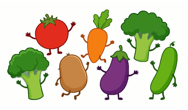 Cute kawaii vegetable characters vector set happy food illustration