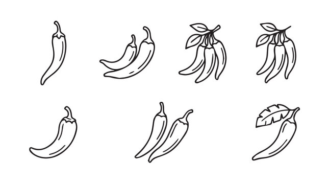 Group of chili peppers with leaves hand-drawn style vegetable ingredient illustration seasoning culinary botanical appetite breakfast delicacy