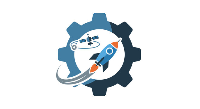 Rocket launch inside gear, satellite orbiting, space exploration, engineering concept