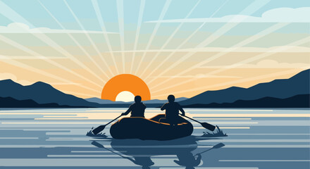 Couple Rowing Inflatable Boat On Lake At Sunset, Mountain Landscape © Wild