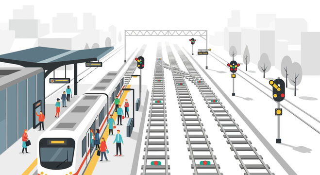 Commuters boarding modern metro train at busy station with multiple tracks and signals